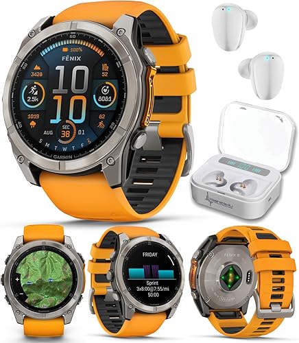 Wearable4U Garmin Fenix 0.315  2.008 in, AMOLED Multisport GPS Smartwatch, Zafiro, Titanio con Banda de Silicona NaranjaGrafito Spark, Linterna LED