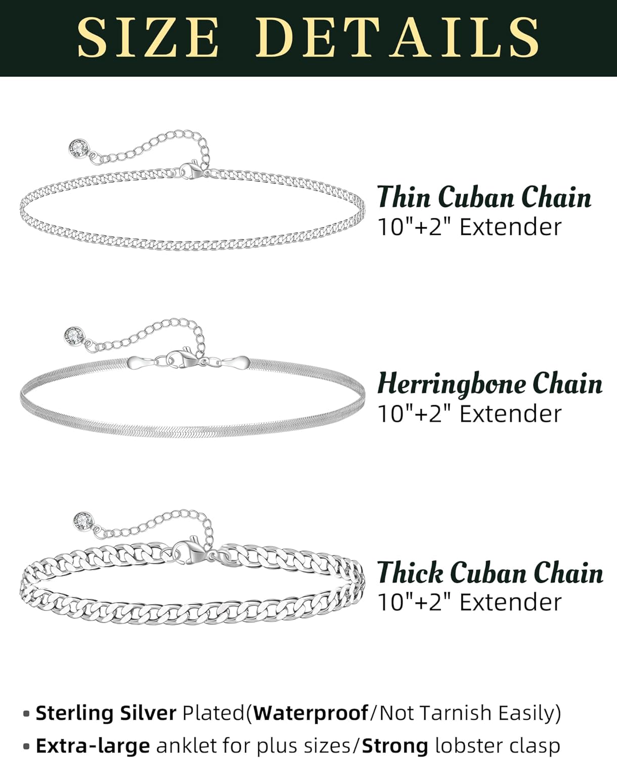 Plus Size Ankle Bracelets for Women - Extra Large 10"+2" Adjustable Anklet 14K Real Gold Plated Anklet Cuban Link, Figaro, Rope, Snake Herringbone - Summer Beach Waterproof Foot Jewelry - Image 2