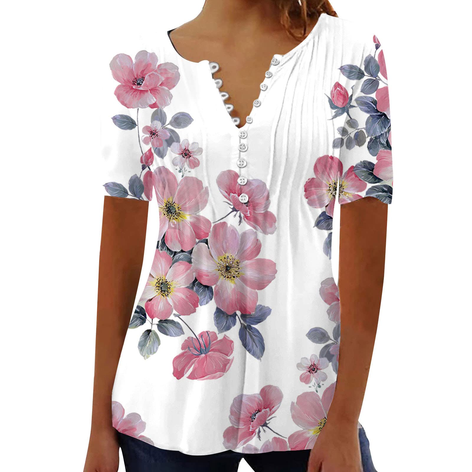 NUSGEAR 2024 Camiseta de Manga Corta Mujer Moda impresión Camisa Verano Suelto Cuello en V Botones Túnica Tops Elegante Casual Fiesta T-Shirt Original Basic tee Camisetas Blusa Talla Grande