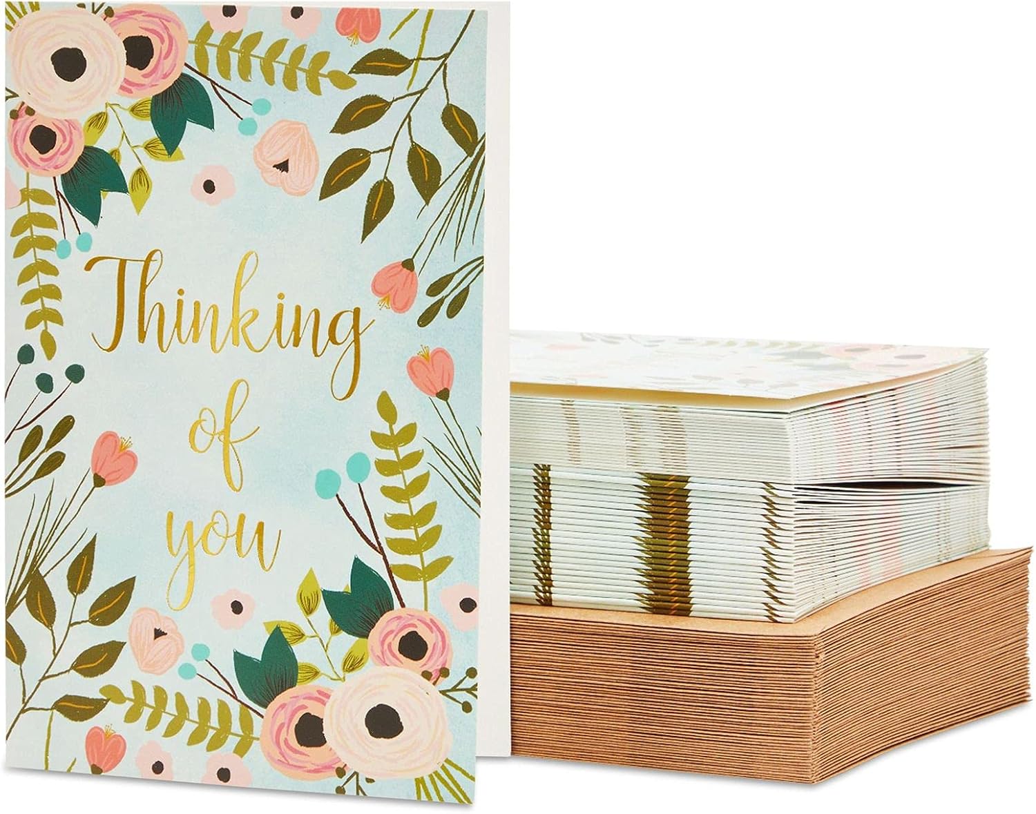 48 Pack Gold Foil Thinking of You Cards with Brown Envelopes for All Occasions, Flower Design (4x6 In)