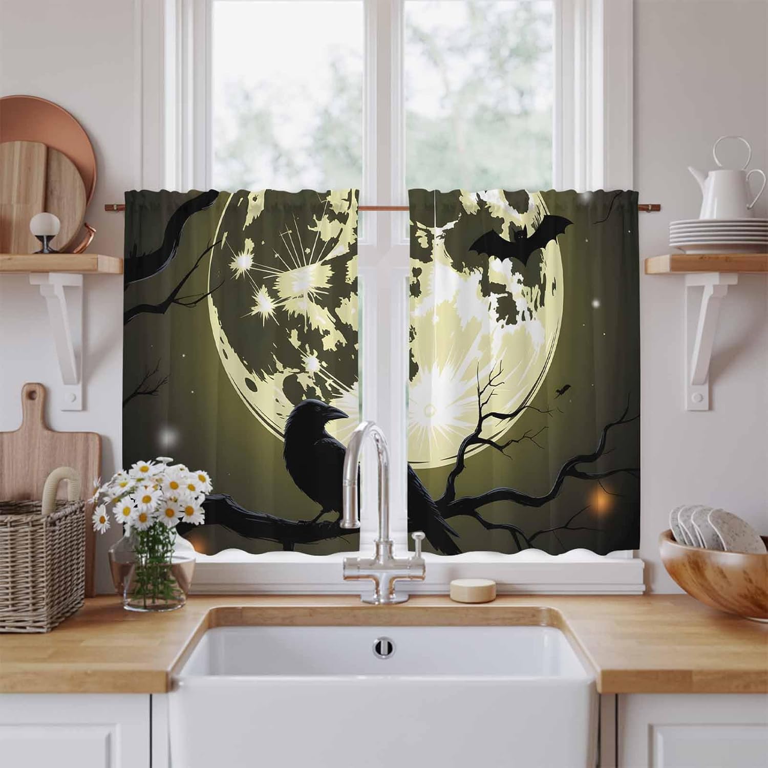 Black Crow Moon Halloween Kitchen Tier Curtains 45 Inch Long 2 Panel Set,Rod Pocket Short Window Treatment,Silhouettes Branches Animals Curtains & Drapes for Bathroom Basement 27.5"W x 45"L