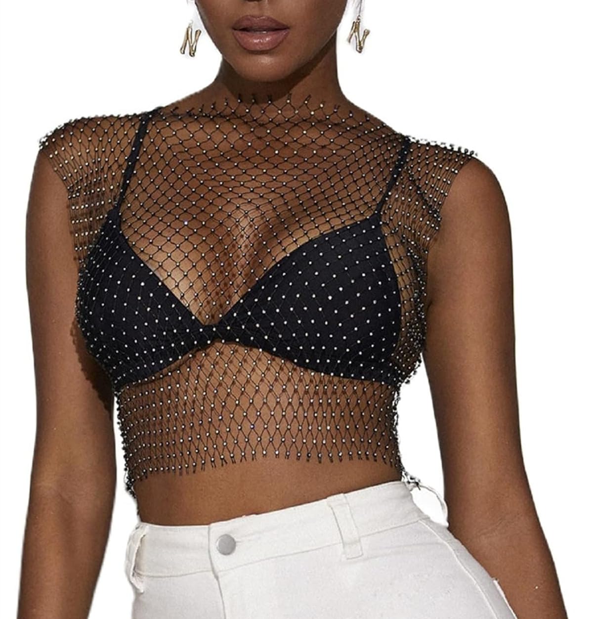 Samheng Women's Black Glitter Tank Tops, Sexy Mesh Diamond Hollow Out Crop Tops, See Through Rhinestone Studded Crop Tops For Festival Club Rave Outfit, Diamond Crystal Cover Up Clubwear Cropped Tops Blouse