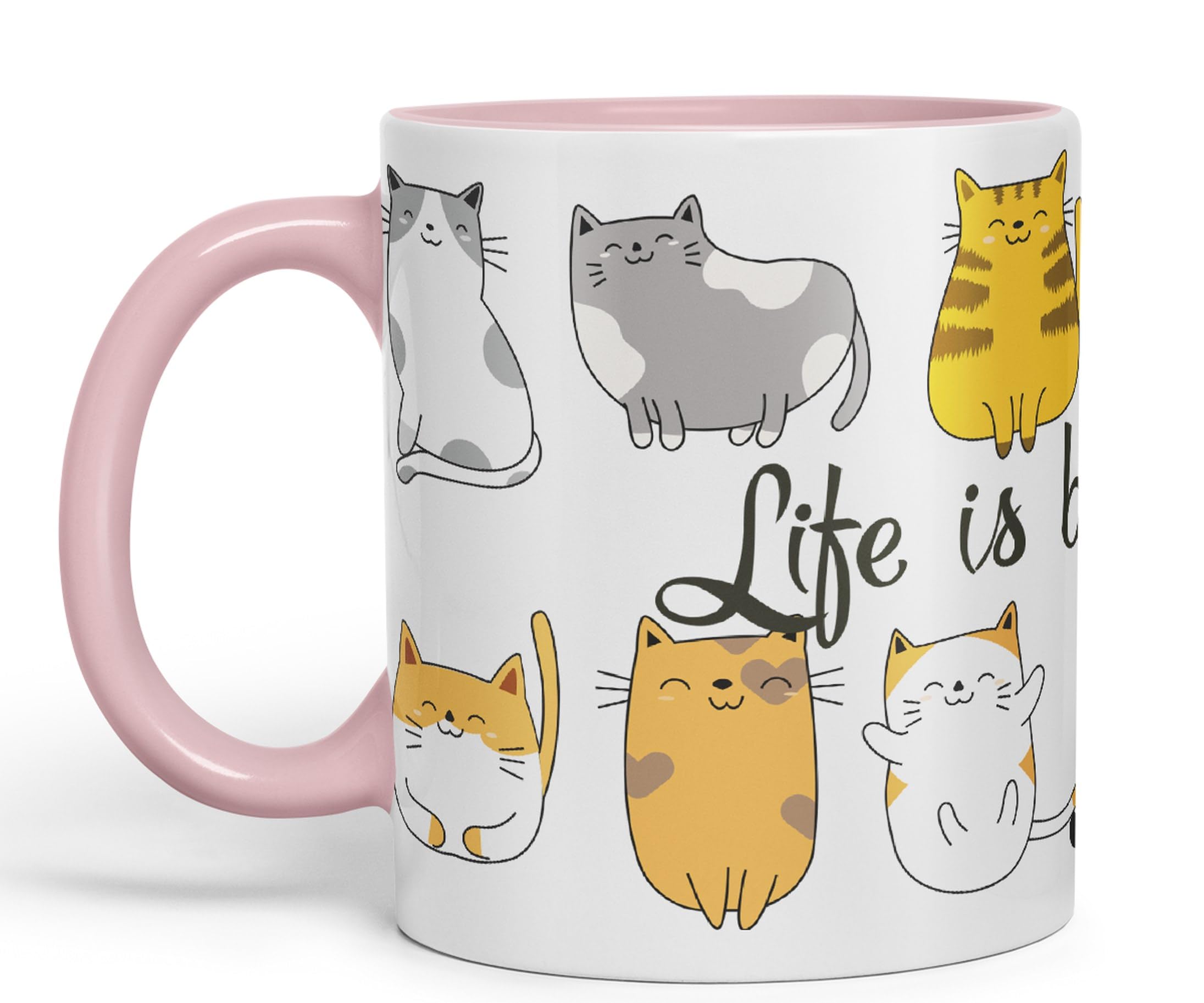 Vixar Life is Better with a cat Ceramic Coloured Mug Cup Gift Tea Coffee Christmas Office Home Cat Lovers (Pink)