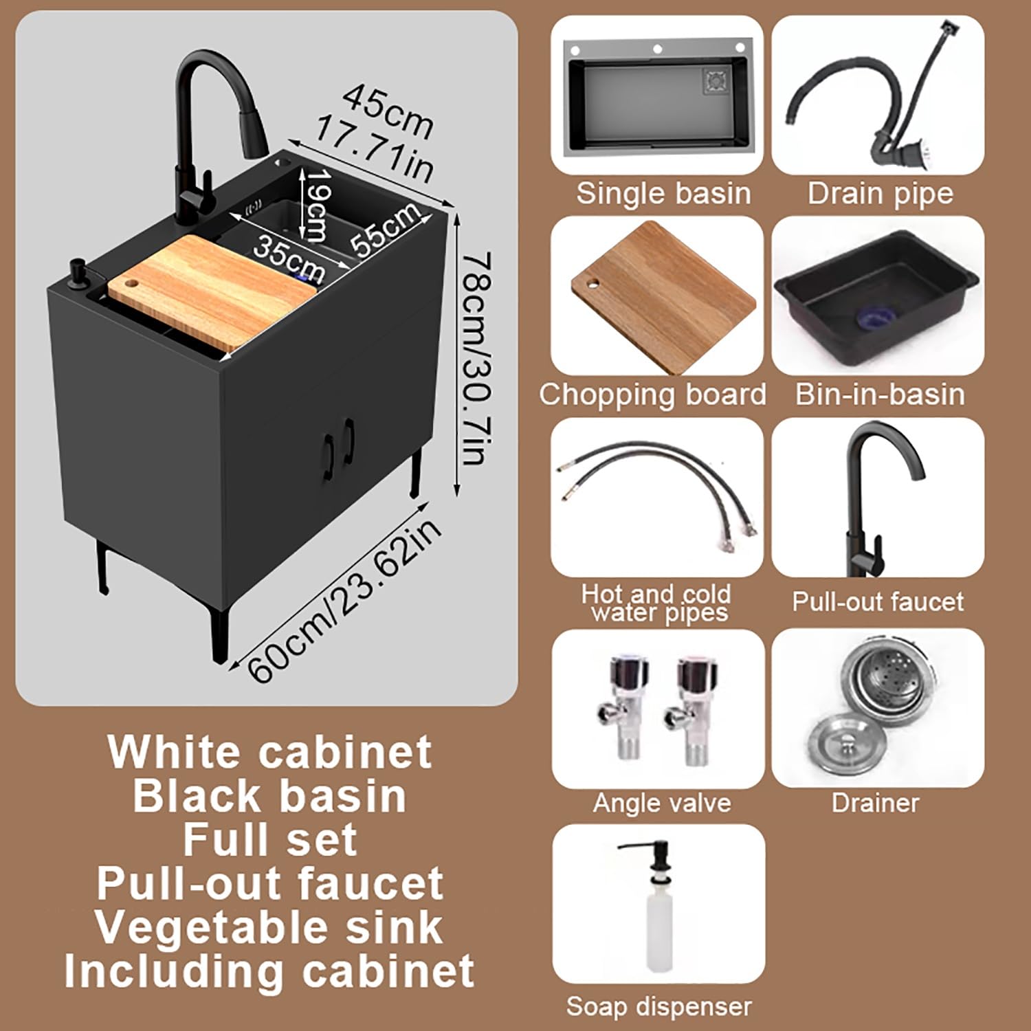 SDdPulse Armadietto per lavello commerciale con rubinetto estraibile caldo e freddo, vasca singola, lavanderia, per garage, ristorante, cucina, lavanderia, grigio, 60 x 40 x 78 cm, grigio - 60 x 40 x