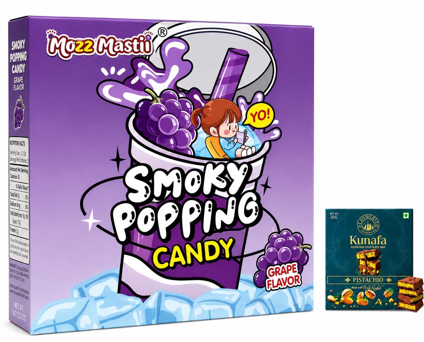 Mozz Mastii Smoky Popping Candy Grape Flavor 150g With Free Flavourito Kunafa Pistachio Chocolate Bar, 20g By Decadent Foods (Imported)-image-33