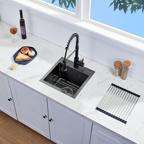 Miniatura 9 de EcoChannels Fregadero de cocina de 15 x 15 x 10 pulgadas, fregadero de barra de acero inoxidable T-304 calibre 16 con accesorios