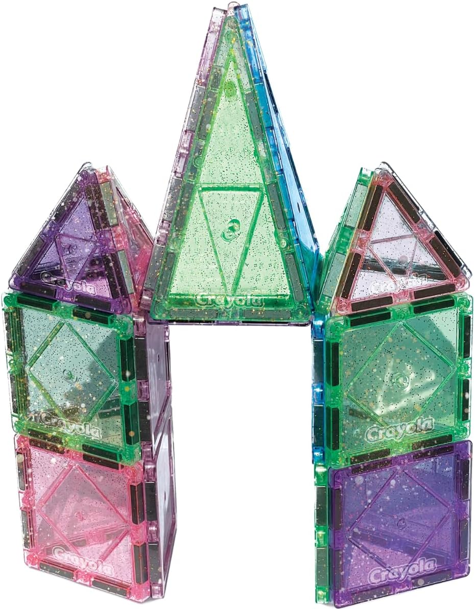 CreateOn Crayola Glitter Magnetic Tiles, Building Set for Kids, Magnetic Tiles, Kids’ Building Toys, STEM & Montessori Toys for Boys and Girls Ages 3+, 24-Piece Set (Glitter)