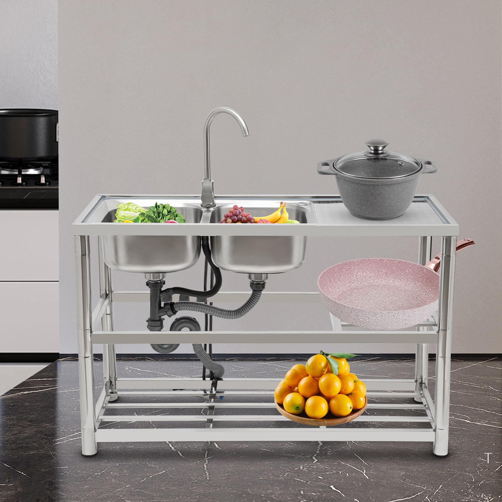 Fregadero doble de acero inoxidable con mesa de trabajo y soporte de almacenamiento doble, cuenco individual de acero inoxidable para negocios, comedor, cocina, cocina, interior y exterior