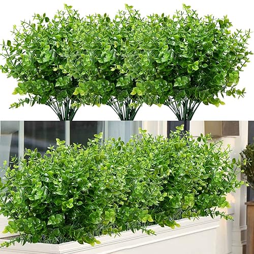 8 Bundles Outdoor Artificial Boxwood UV Resistant Fake Stems Plants,
