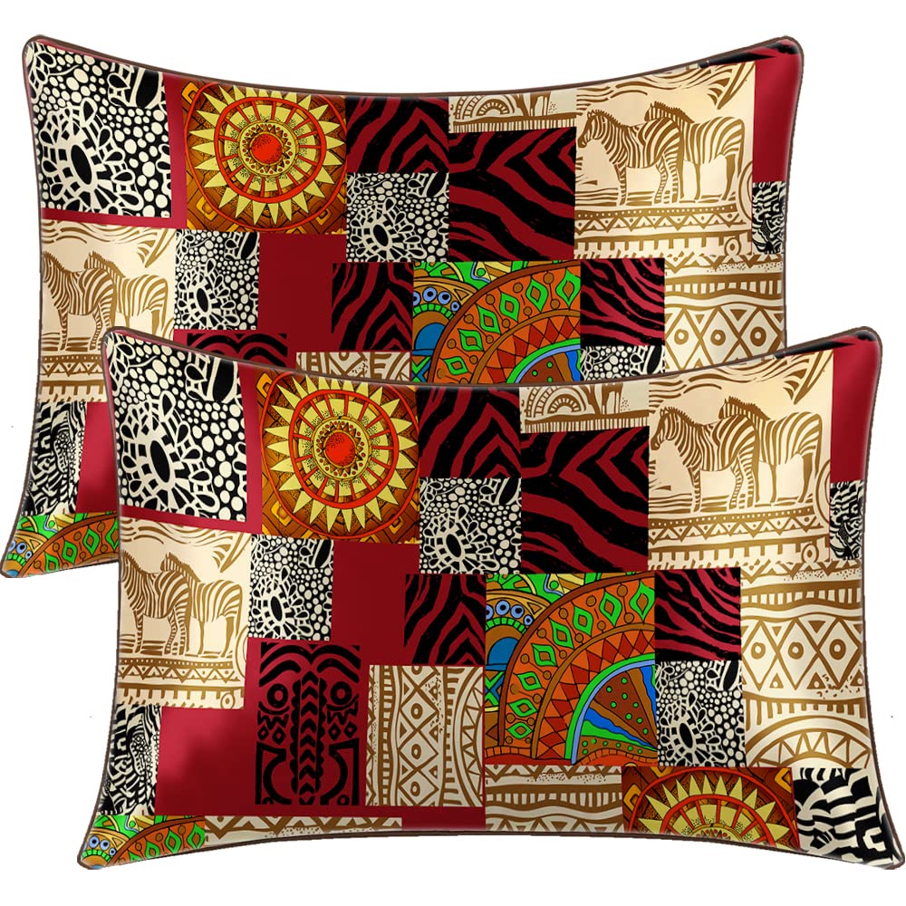 BlessLiving Rustic Animal Patchwork Zebra Stripe Satin Pillowcase for Hair and Skin Silky Pillow Cover - Set of 2 Pack African Pattern Safari Pillow Case with Envelope Closure, Standard(20''x26'')