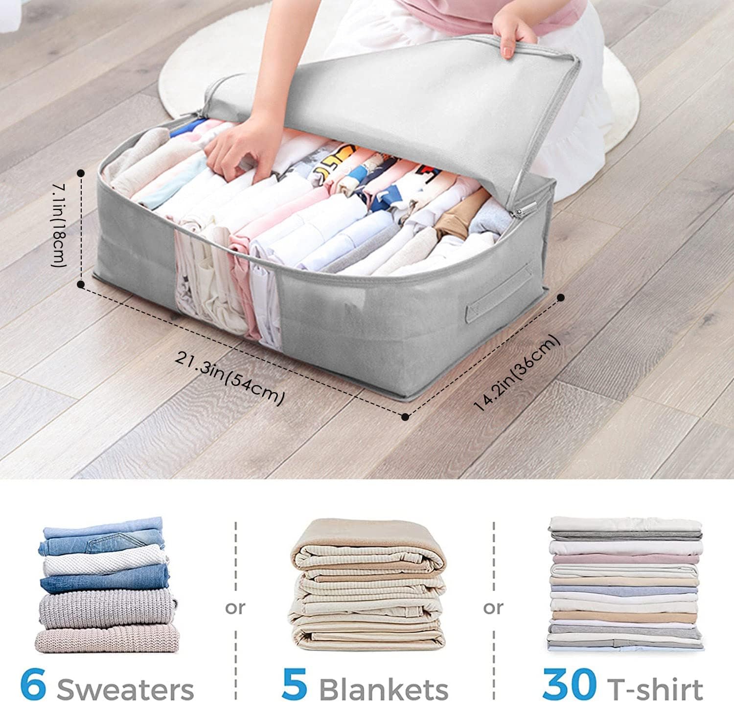 AYOTEE Under Bed Storage Bag, 4 Pack 35L Slim Foldable Clothing Storage Bags, Foldable Blanket Storage Bags with Zippers & Clear Window, Fabric Under Bed Clothes Storage Bag for Store Bedding Clothes, Comforters, Blankets (Grey)