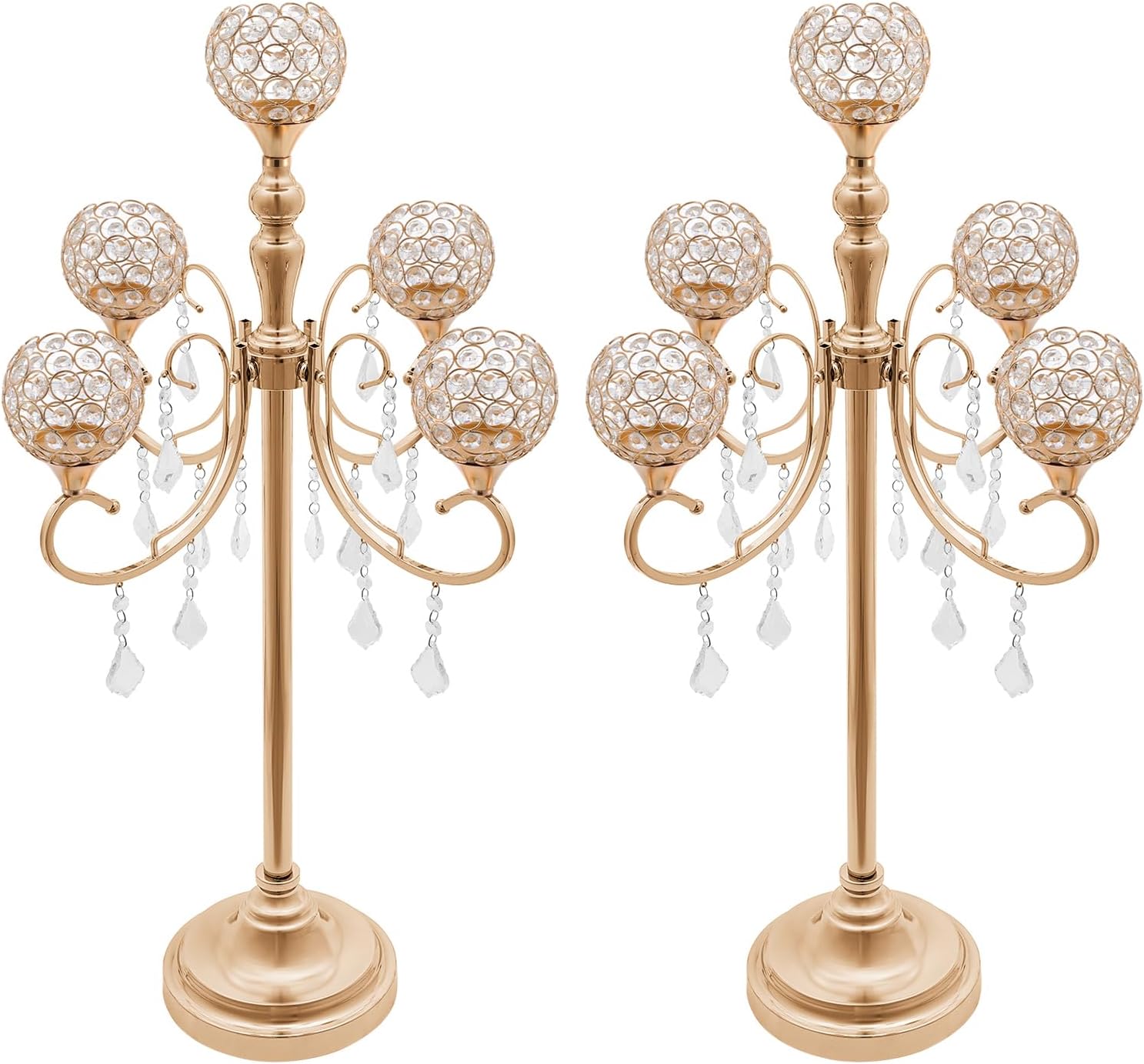 2 Pack 5 Arms Gold Candelabra, Centerpiece with Crystal Pendant, 33 Inch Tall Floor Candle Holder, Table Candelabra Stand Crystal Chandelier Candle Holder for Home Wedding Party Events Decoration
