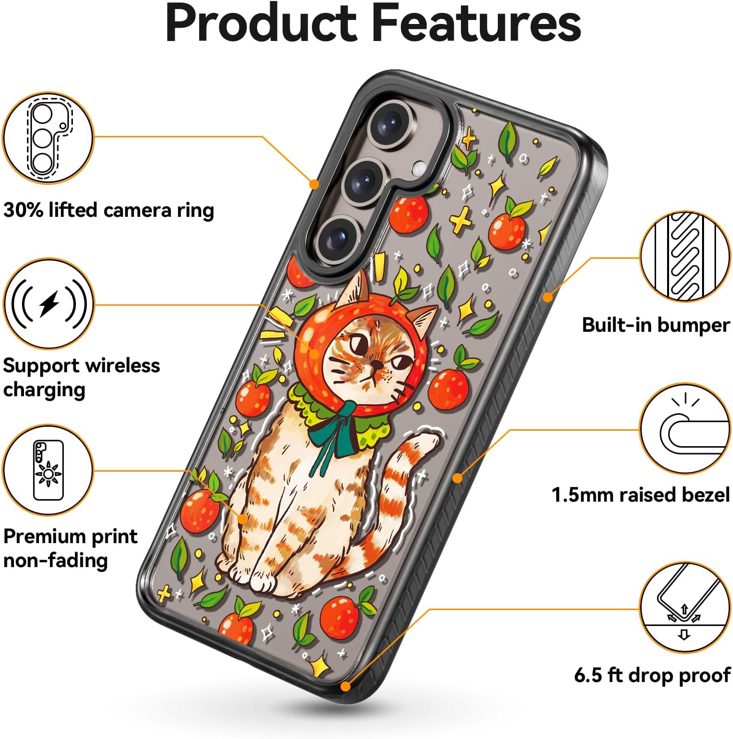 Rosarnnah Compatible for Samsung Galaxy S24 Plus Case Cute Aesthetic - Durable Shockproof 6.6 ft Drop Impact Phone Case Cover with Funny Fashion Kitty Cat Design 6.7" Black