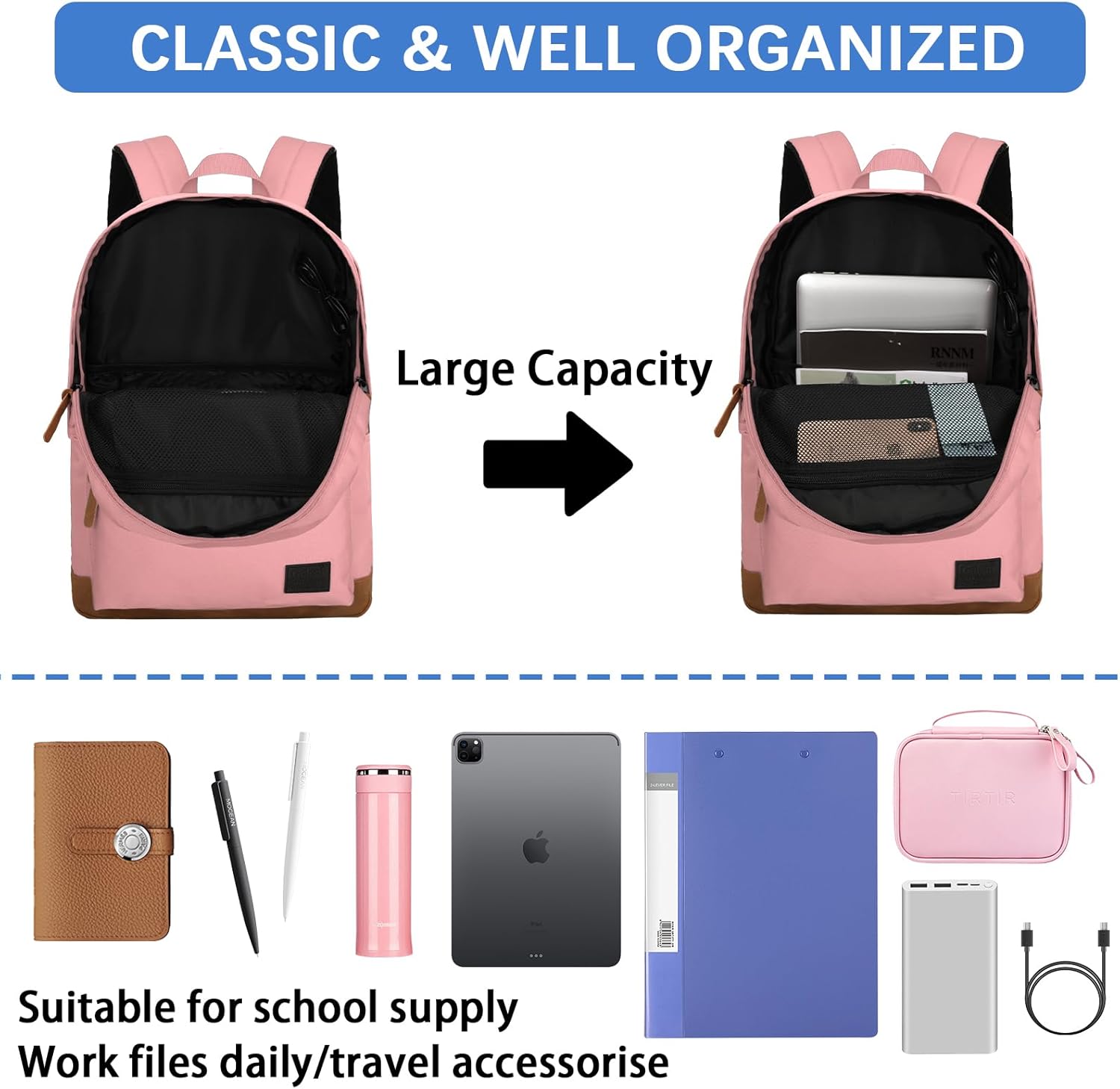 Goloni Classic Backpack with USB Charging Port,Water Resistant Anti-Theft Travel Backpack for Men & Women,Laptop Backpack,Fits 17.3 Inch Laptop,Pink - Image 5