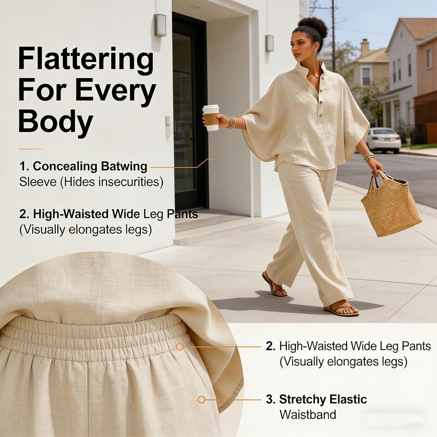 Women’s Batwing Sleeve Linen Cotton Two-Piece Set – Casual Shirt & Wide Leg Pants Outfit