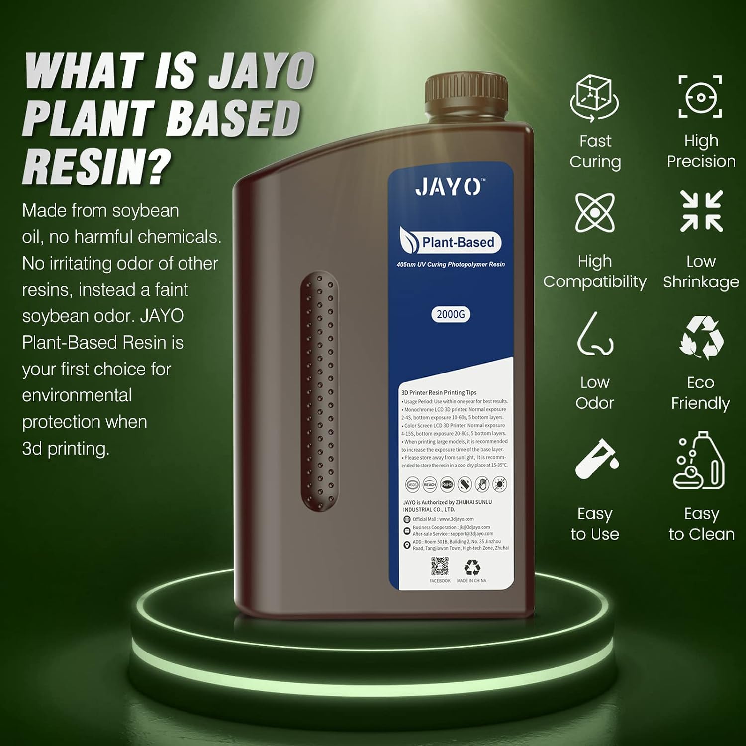 JAYO 3D Printer Resin 2KG, 3D Printer Plant Based Resin, 405nm UV Rapid Standard Resin for 4K/6k/8K LCD/DLP/SLA 3D Printing, Low Odor & High Precision, White 2000g