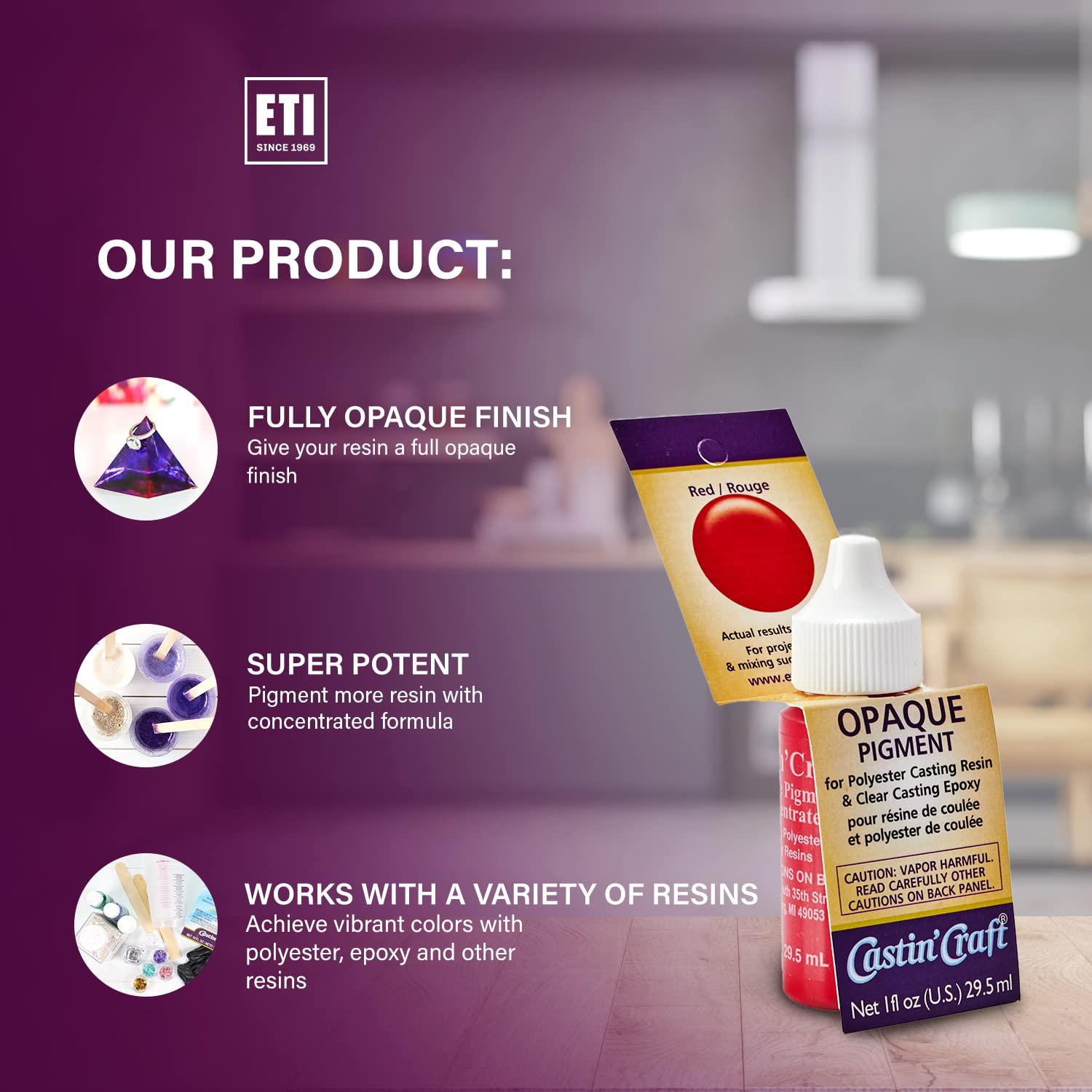 Infographic showing features: fully opaque finish, super potent, works with a variety of resins