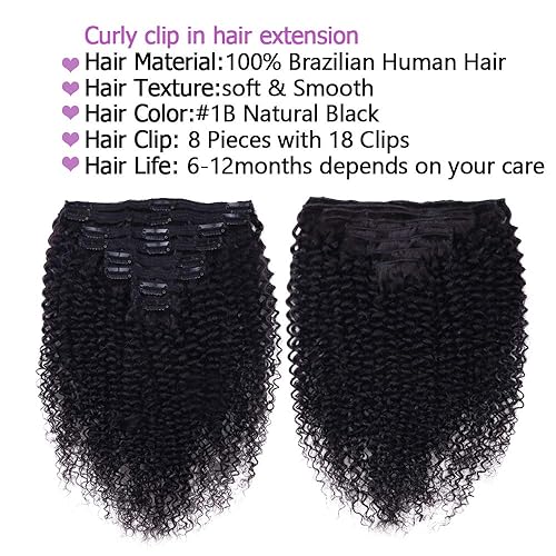 Miniatura 4 de Extensiones de cabello humano rizado con clip, 3C 4A, rizado con clip, cabeza completa, para mujeres negras, cabello humano brasileño Remy, color