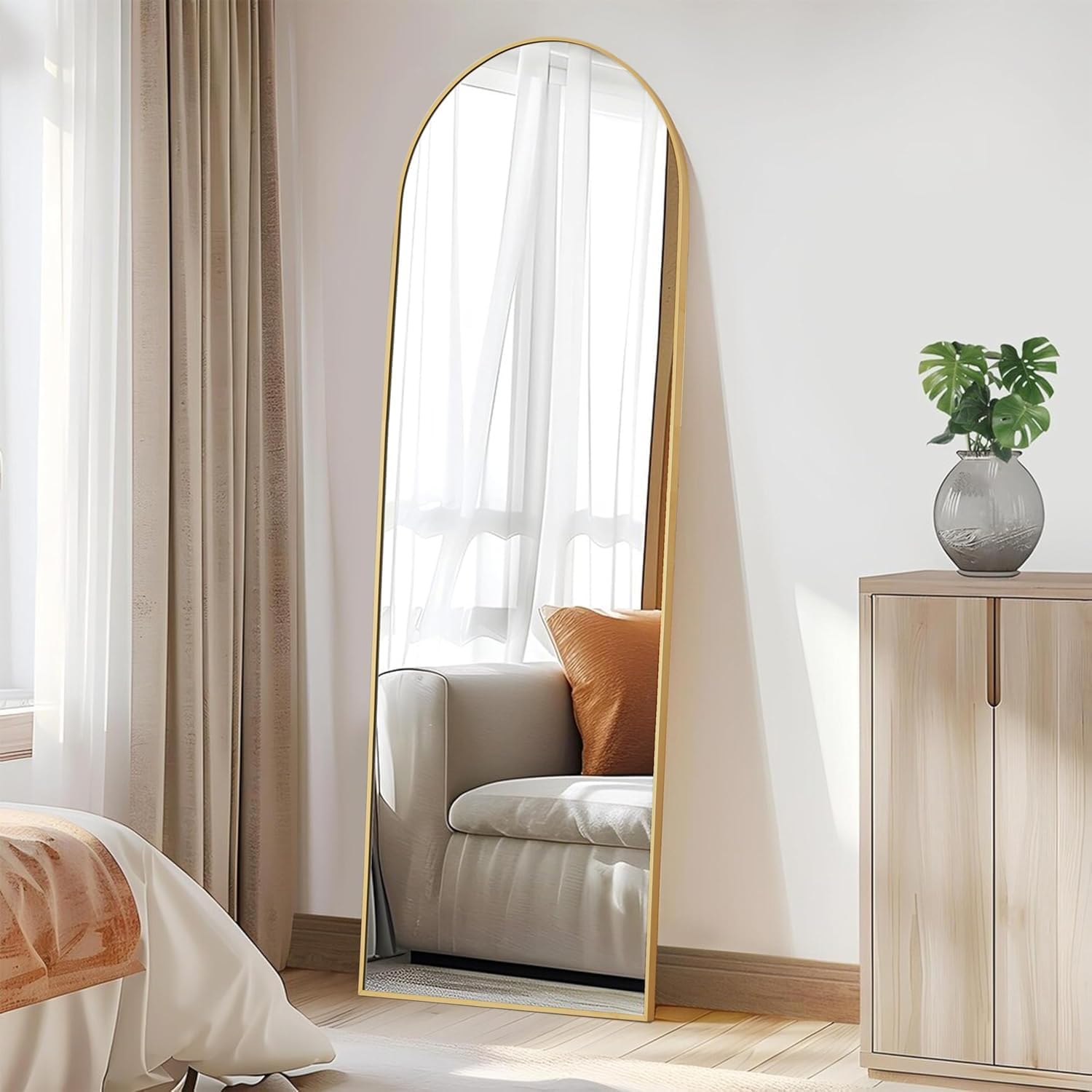 Arched Mirror Full Length, 59″x16″ Body Wall Mirrors with Shatter-Proof Glass, Mirror Full Length for Home Decor, Tall Arch Aluminum Frame Mirror for Bedroom Cloakroom, Gold