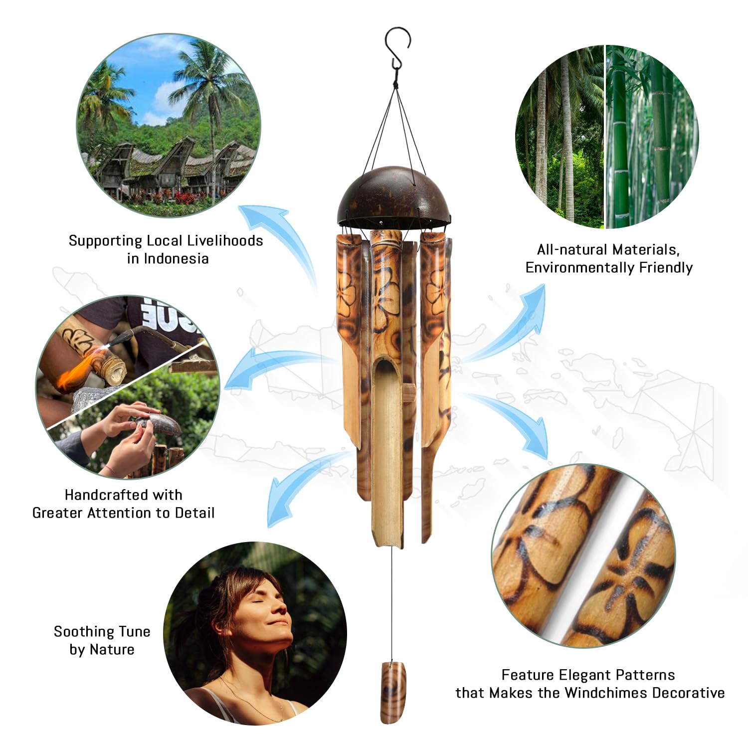 ASTARIN Bambus-Windspiel für draußen, handgefertigtes Windspiel aus Holz für draußen mit Kokoskrone, florales gebranntes Design, Bambus-Windspiele für Garten, Hof, Zuhause (111,8 cm)