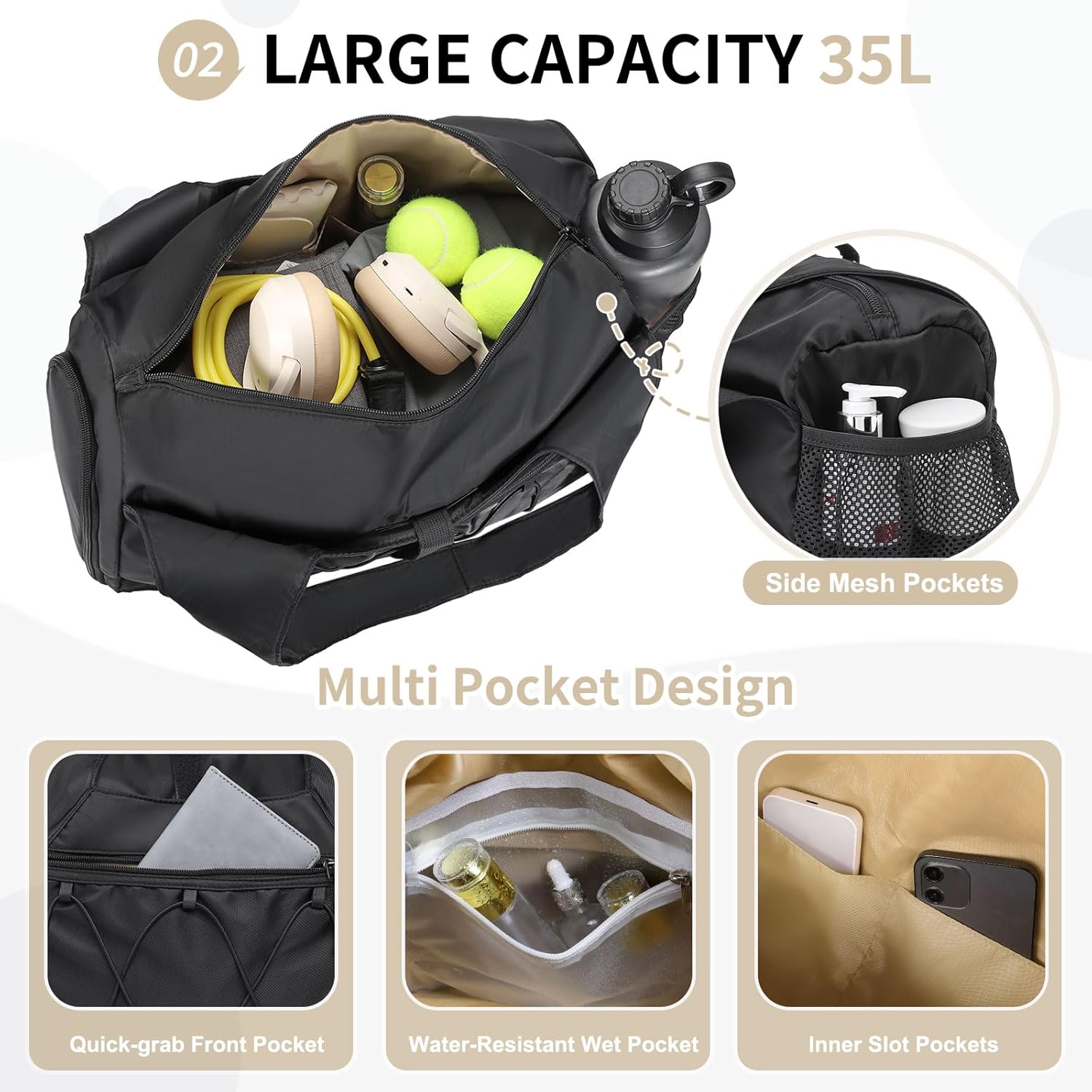 Small Gym Bag for Women, Mini Duffel Bag with Shoe Compartment, Cute Sports Tote Bag Dance Yoga Mat Luggage with Crossbody Water Bottle Bag, Black - Image 4