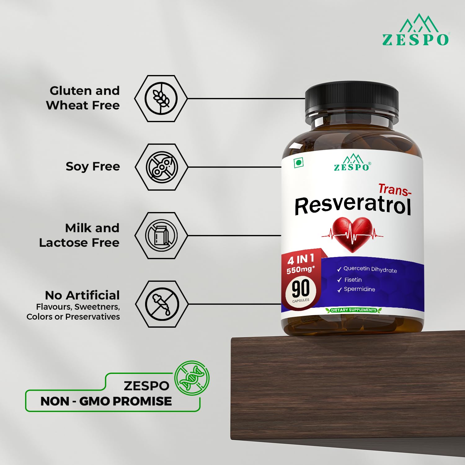 Zespo Resveratrol Complex 455mg – With Quercetin, Fisetin & Spermidine – Antioxidant & Anti-Aging Support for Skin, Heart & Cell Health – 90 Vegan Capsules 3
