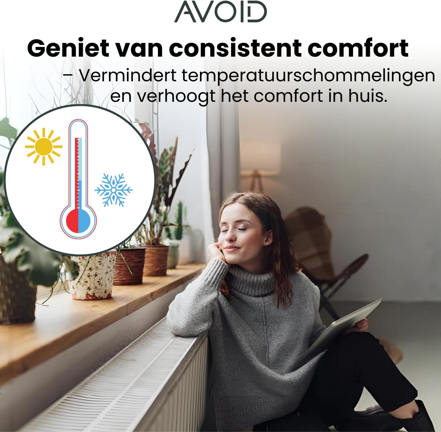 A person relaxing comfortably in a room with an AVOID Radiator Fan, symbolizing consistent comfort and reduced temperature fluctuations.