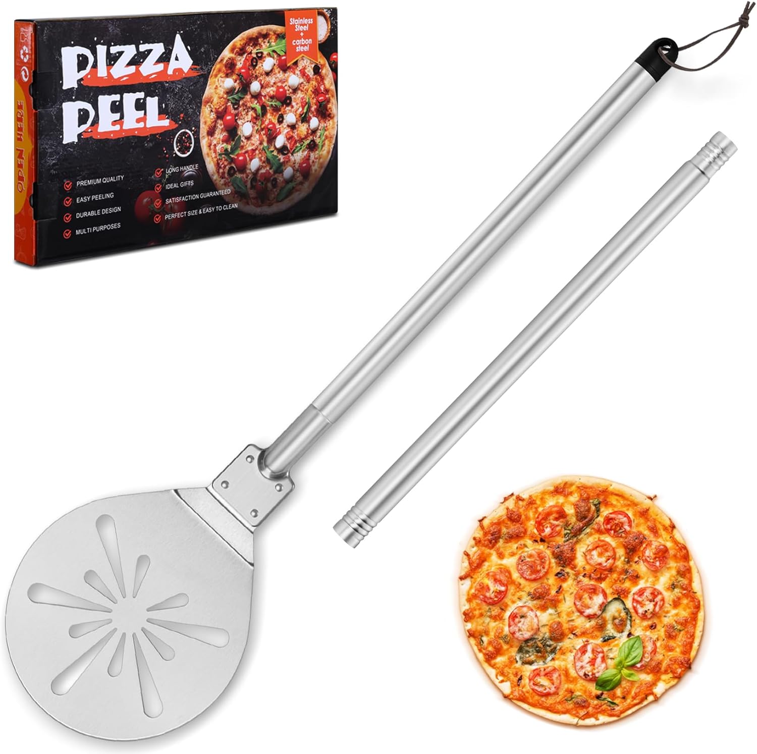 8 Inch Pizza Peel Turning, Joyfair Perforated Pizza Turner with Long Detachable Handle, Stainless Steel Spatula Paddle for Rotating Sliding, Metal Tools Oven Accessories, Easy Cleanup (SS Handle)