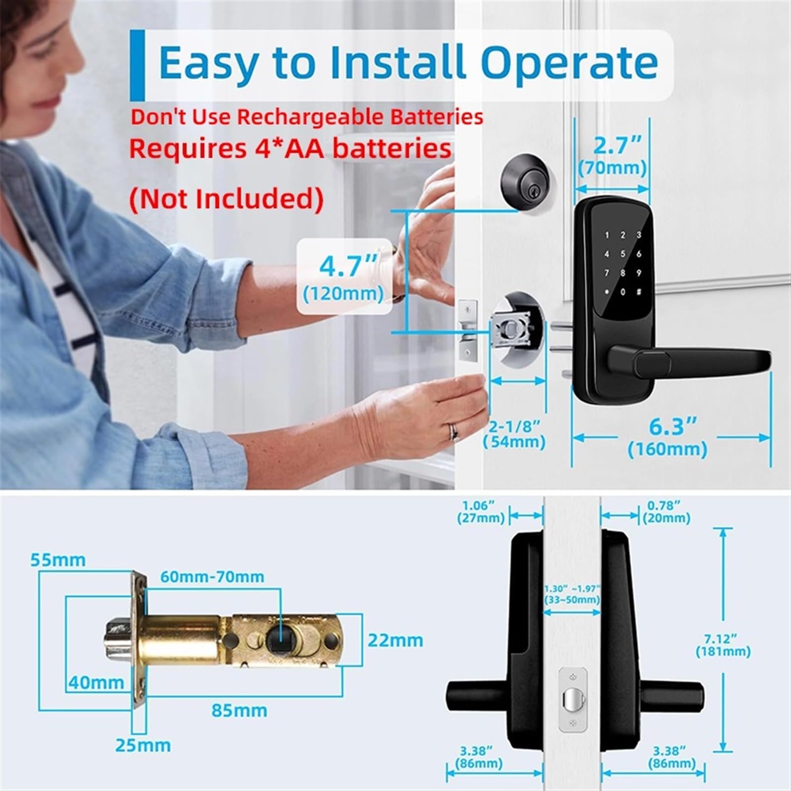 Serratura Smart, Smart Lock 5 in 1 Serratura for porta con maniglia Tecnologia biometrica Funzione di memoria di archiviazione Controllo APP,per camere da letto, uffici e hotel(Noir)