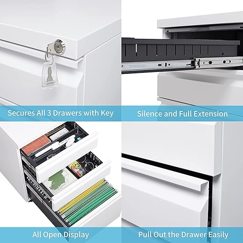 Miniatura 7 de Archivador de 3 cajones con bloqueo, archivador de metal debajo del escritorio para archivo legalcartaA4, totalmente montado, incluye ruedas, diseño