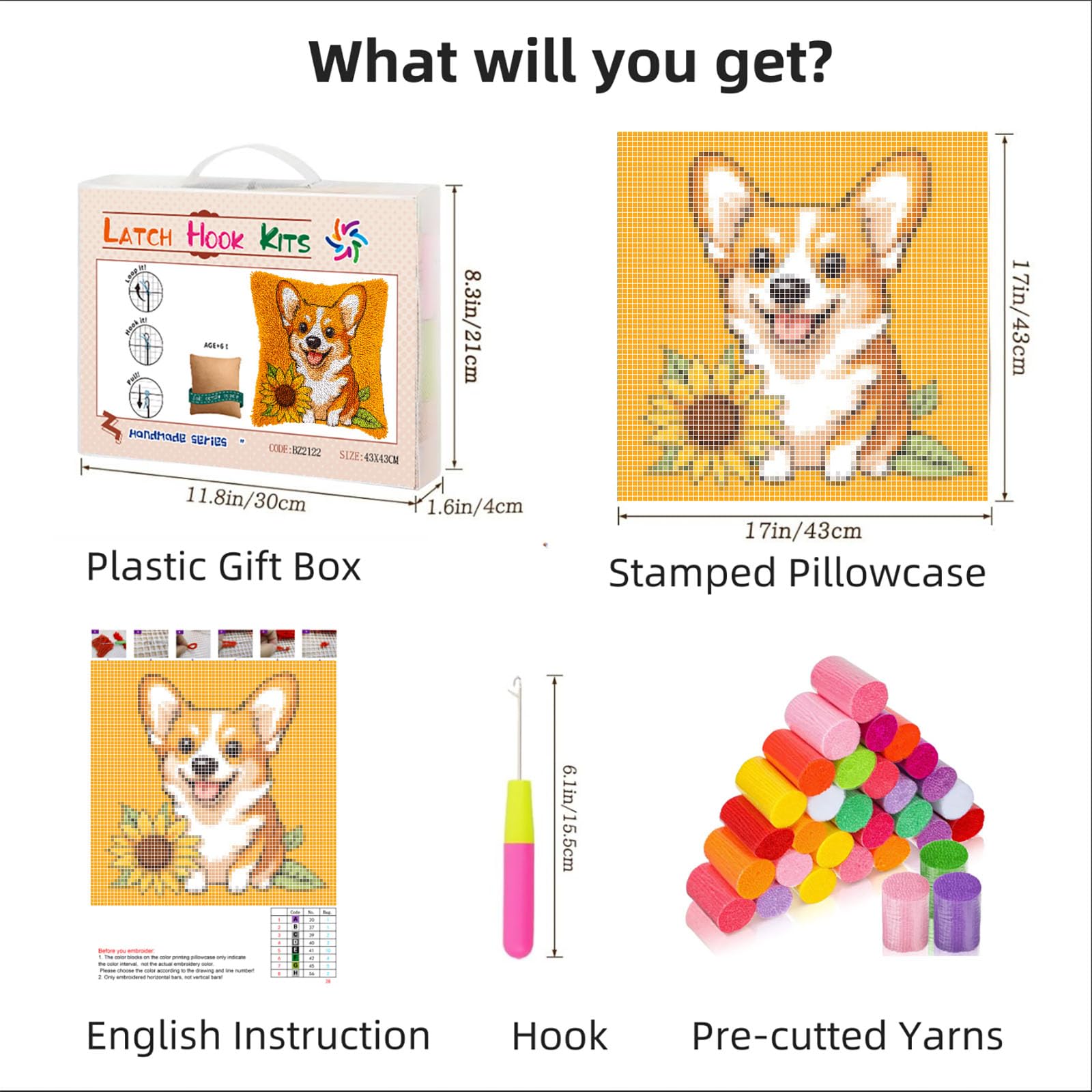 DIY Latch Hook Pillow Kits for Adults Welsh Corgi Dog with Sunflower Printed Pillowcase Crochet Yarns Hooking Handmade Pillow Cover Cushion for Home Sofa Decoration 17x17inch-1