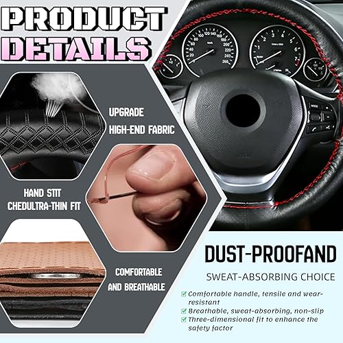 Miniatura 5 de DEEYOTA Funda para volante de automóvil, ajuste universal, punto redondo, funda fina de piel sintética cosida en volante de automóvil de 15 pulgadas