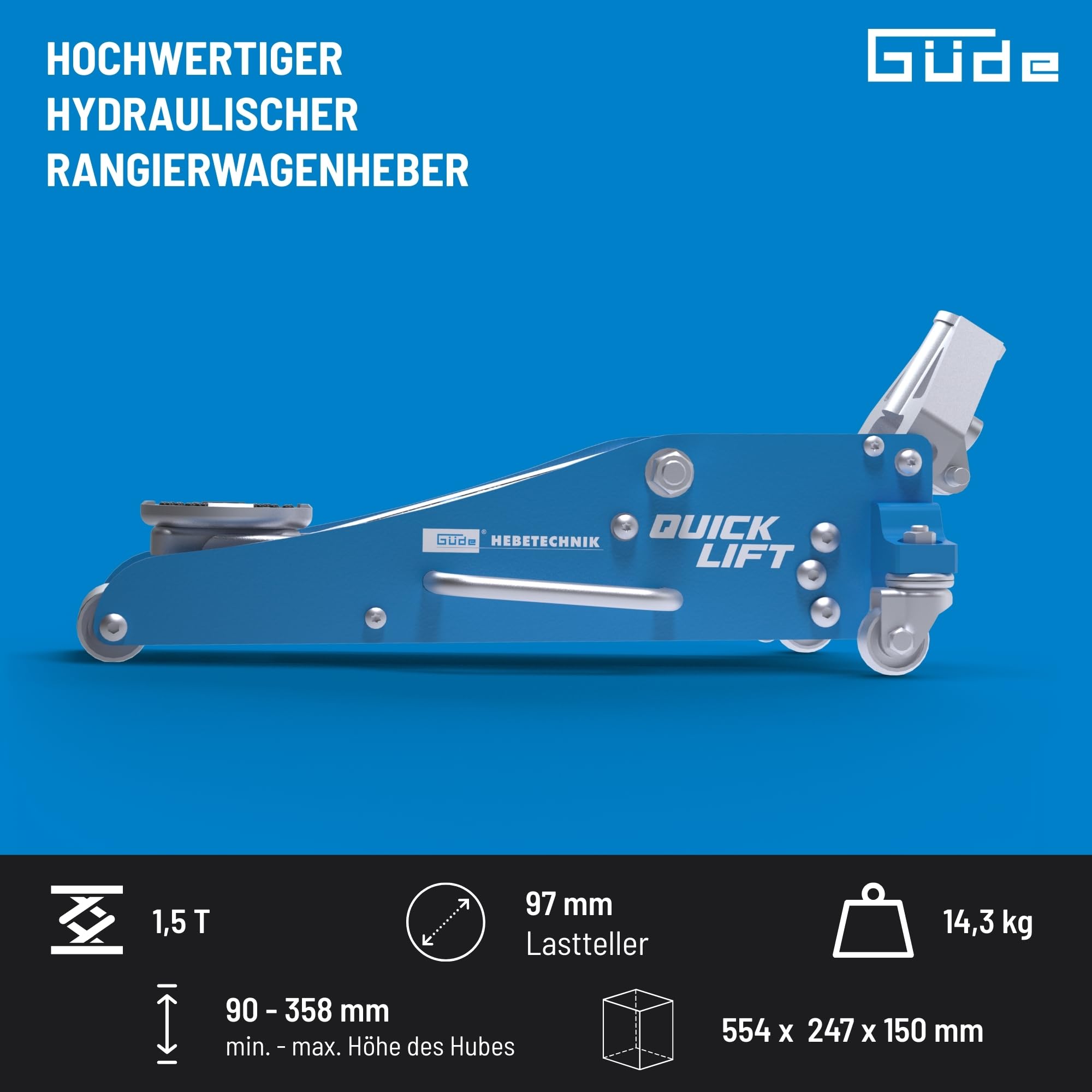 Güde GRH 1,5/360 ALQ Rangierwagenheber - 1,5 Tonnen Hubkraft, 9,7 Zentimeter Lastteller-Durchmesser, min. 9 bis max. 35,8 Zentimeter Hubhöhe, Quick-Lift-Funktion, Stahl- und Aluminium Konstruktion
