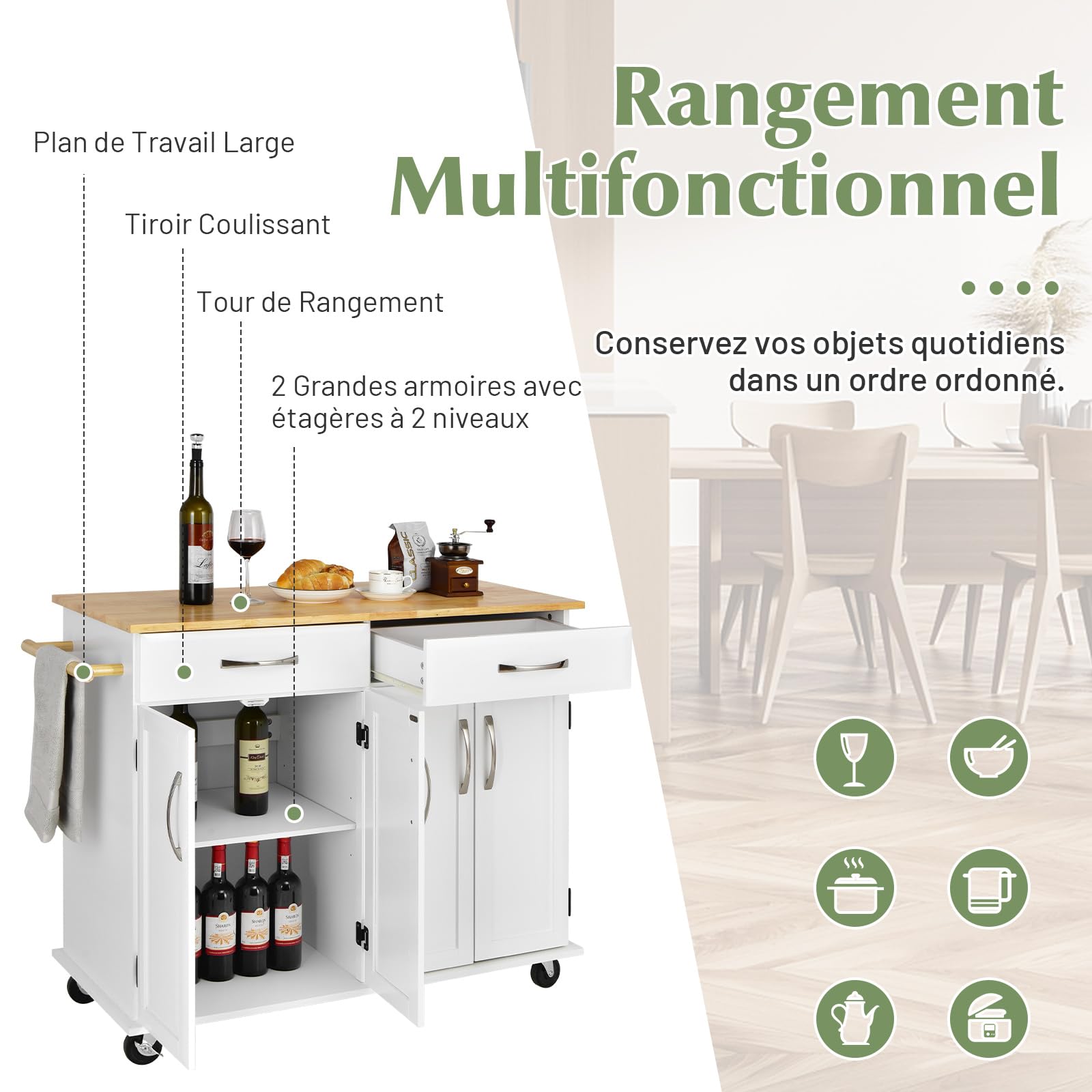 COSTWAY Desserte de Cuisine sur roulettes avec Comptoir en Bois D'hévéa, Chariot de Service à 4 Portes avec Étagères Réglables, 2 Grands Tiroirs, Porte-Serviettes, 48 x 122 x 93 cm, Blanc