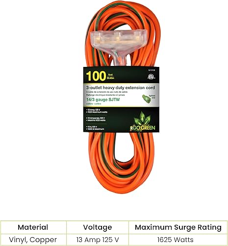 Miniatura 9 de Go Green Power Inc. GG-15100 - Cable de extensión resistente 143, 100 pies, color naranja