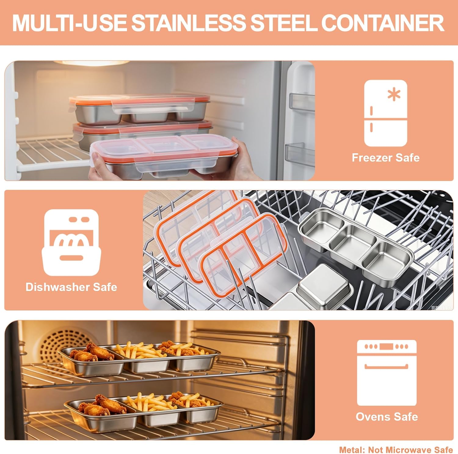3 Pack 20 oz Stainless Steel 3 Compartments Bento Box image 5