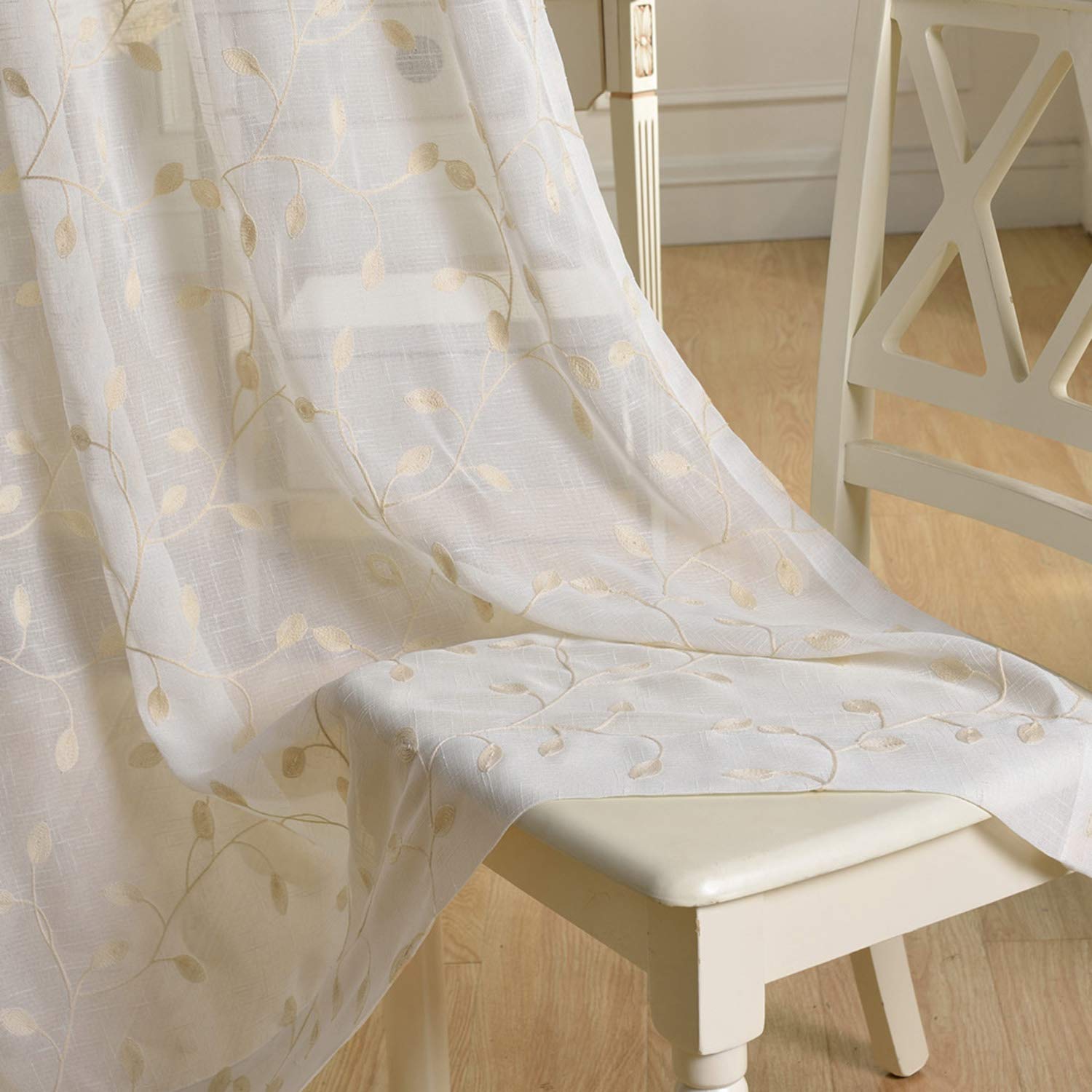 2er Set Stickerei Blätter Leinenoptik Vorhang Dekosachl Transparent Gardinen, mit Ösen Vorhang Voile Fenster für Wohnzimmer Kinderzimmer Schlafzimmer,Weiß,W200xL250cm