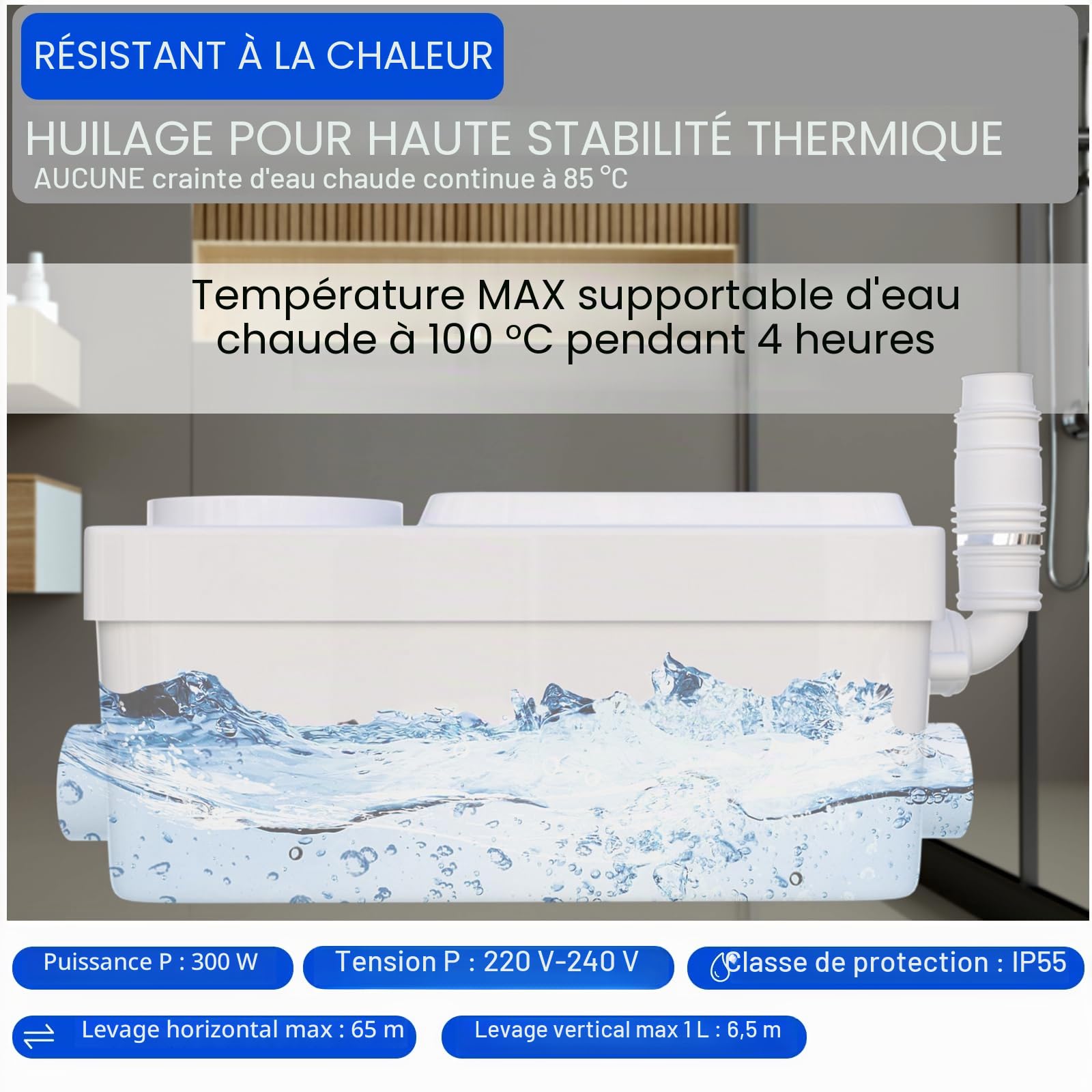 300W Broyeur sanitaire Pompe à déchets silencieuse, Pompe de relevage Douche équipée de 2 entrées 1 sortie, FLO-300 Pro