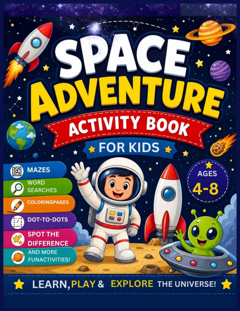 Space Adventure Activity Book for Kids: Mazes, Word Searches, Coloring Pages, Dot-to-Dots, Spot the Difference & More Fun Space Activities for Ages 4–8