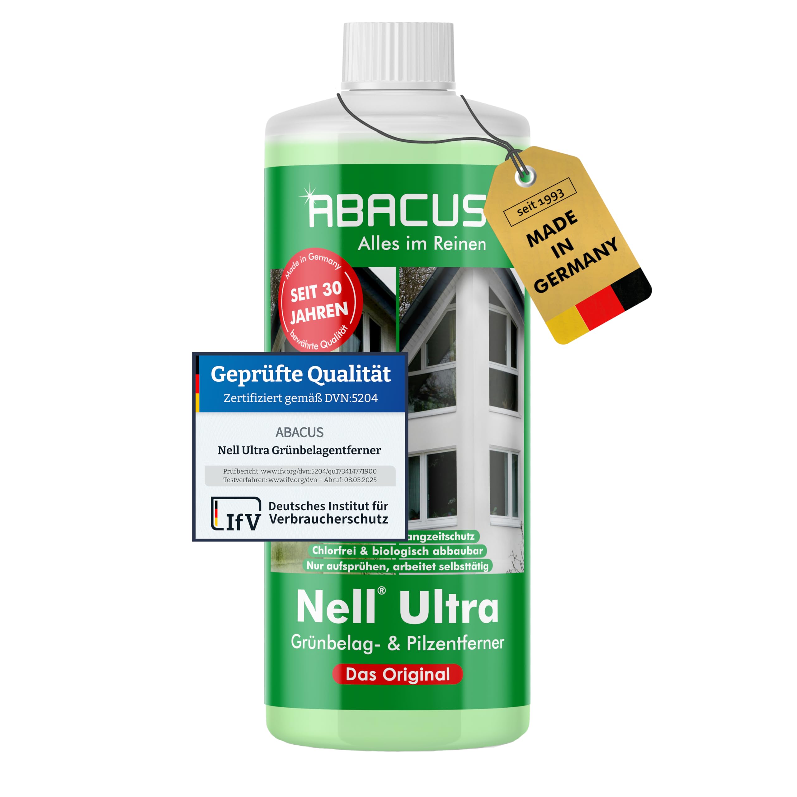ABACUS® Nell Ultra Grünbelagentferner & Algenentferner Konzentrat, extrem stark! Entfernt Grünbelag & Algen selbsttätig ohne zu Schrubben – für Stein, Fassade, Terrasse, Dach – Nell Ultra 1000 ml