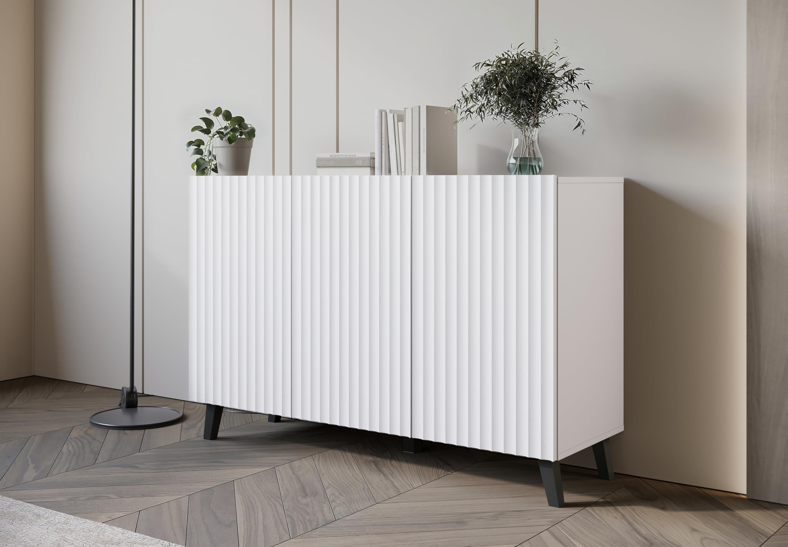 Phuket Sideboard 120 cm, Sideboard mit 3 Türen, Kommode mit Beinen, Wohnzimmermöbel, gewellte Fronten, weiß gewellt