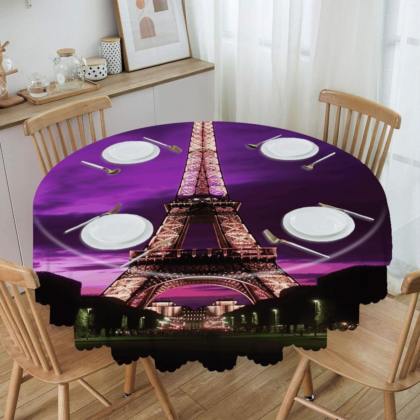 FekiLoot Purple Eiffel Tower Round Tablecloth Waterproof Spill-Proof Wipeable Table Cloth Wrinkle Free Circle Dining Table Cover for Dining Kitchen Wedding Parties Machine Washable