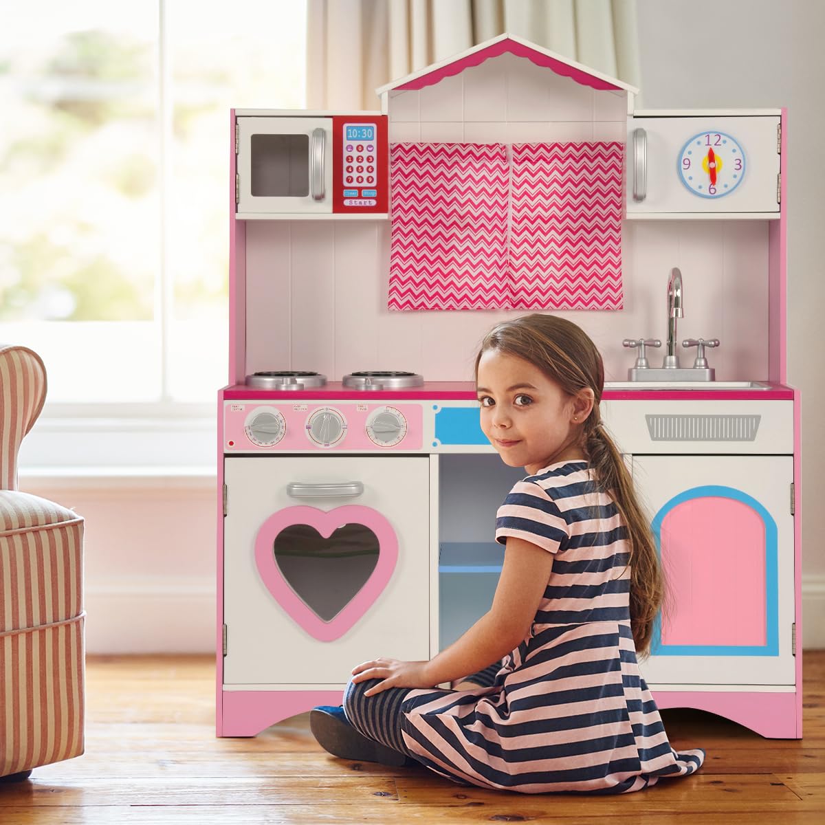 HOMASIS Cucina Legno per Bambini Rosa, Con Lavandino, Forno e Microonde, Giocattolo Educativo da 3+ Anni, Cuore Rosa