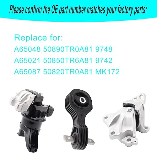 Miniatura 3 de Juego de 3 soportes de motor y montaje Trans compatibles con Honda Civic 1.8L CoupeSedan 2012-2015 repuesto para A65048 A65021 A65087 50890TR0A81
