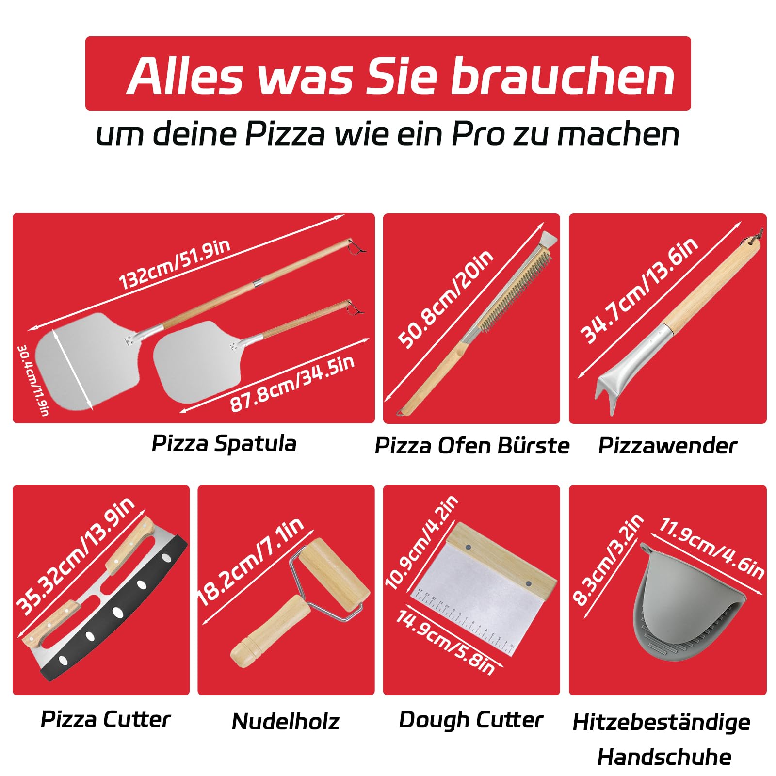 7tlg Pizza Schieber Set, Pizzaofen-Zubehörset, Premium Pizzazubereitungsset für Heim und Außenöfen, inkl. 12 Zoll Pizzaschieber, Ofenbürste, Bubble-Popper, Wippschneider, Teigrolle und Schaber