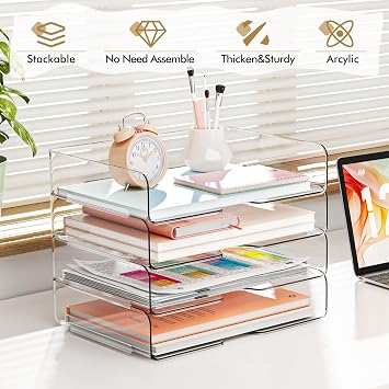 4 Pack A4 Acrylic Letter Tray, Clear Stackable Document Organiser | Sturdy Filing Trays – Magazines, Notes, Paper, Books, Invoices, iPad – Large Capacity, U-Shaped Access, Home Office Desktop