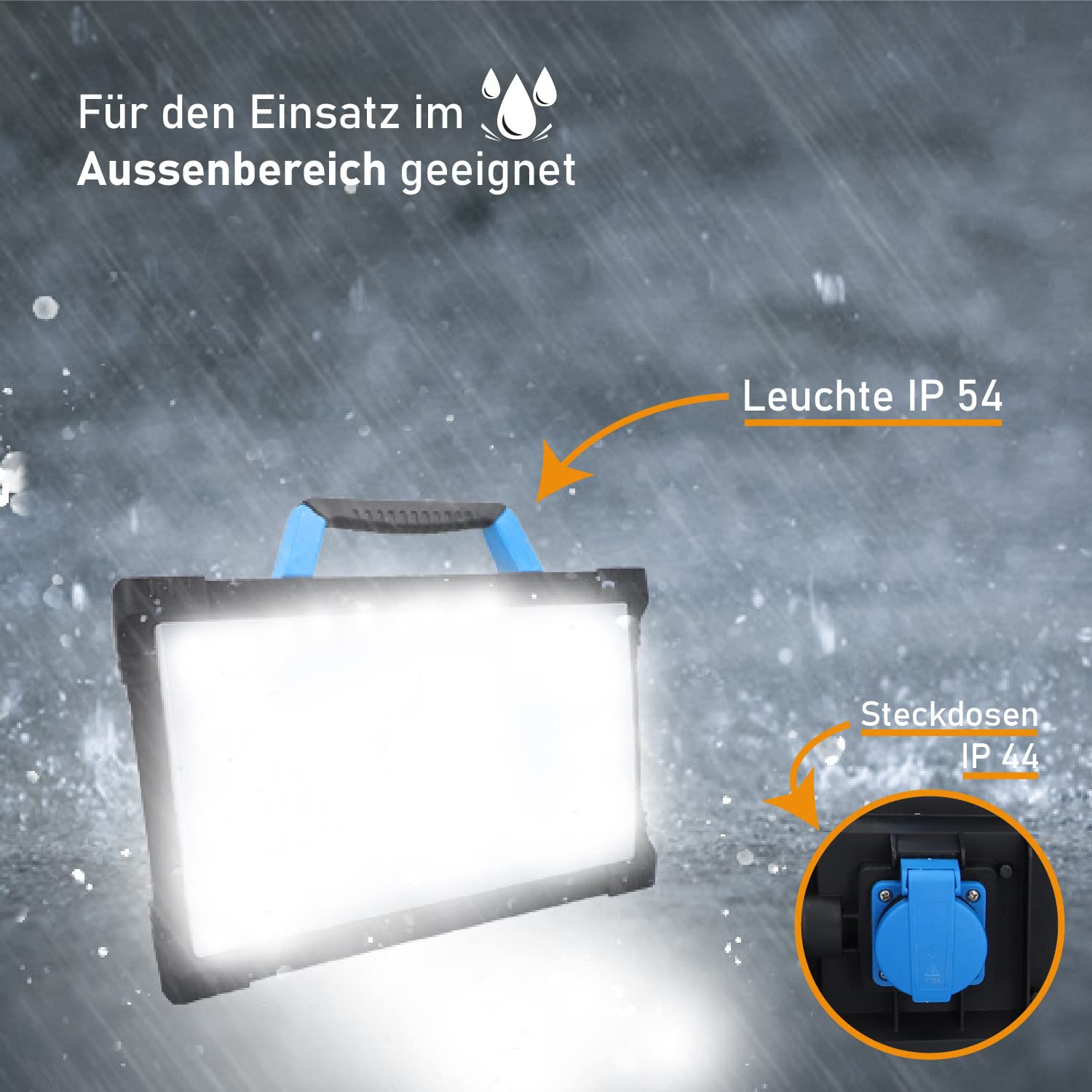 BTEC Worker LED Arbeitsleuchte 80 Watt Mit Steckdose - Baustrahler, Arbeitslampe, Bauleuchte, Werkstattlampe, Baustellenlampe