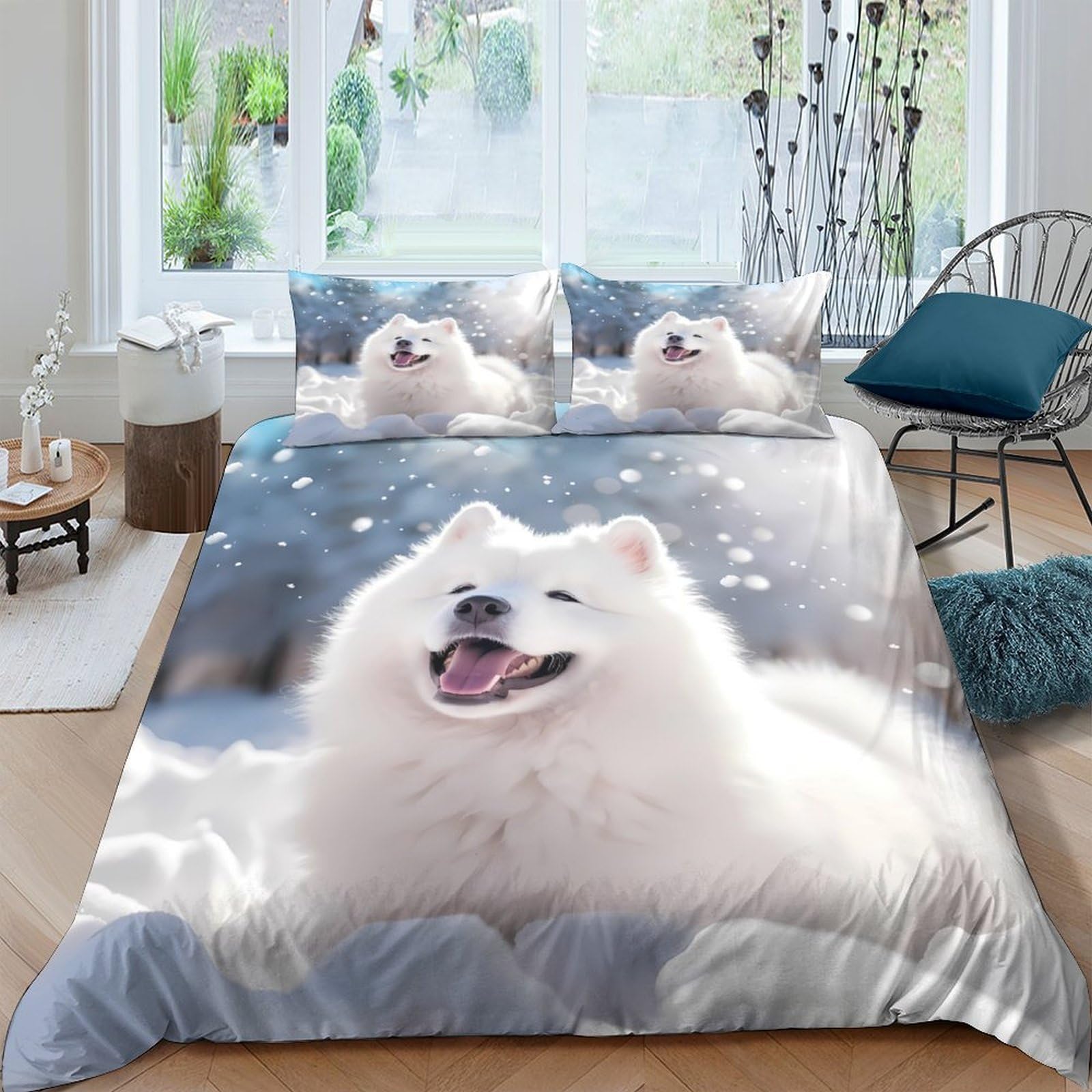 Ctjqhvkz Style-4 3D Printed White Samoyed Dog Fitted Sheet Microfiber Soft Bedroom Decor Snow Flakes Mattress Cover For Home Dorm Single（135X200cm）