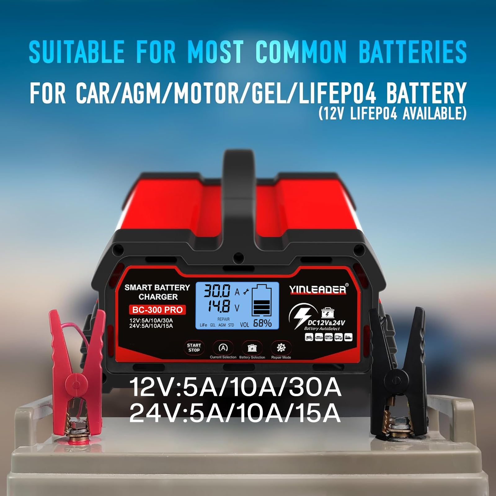 Yinleader Chargeur de Batterie Intelligent 30A 12V /24V 15A, Chargeur de Voiture LCD, mainteneur de Batterie pour AGM, Moto, 12V LiFePO4