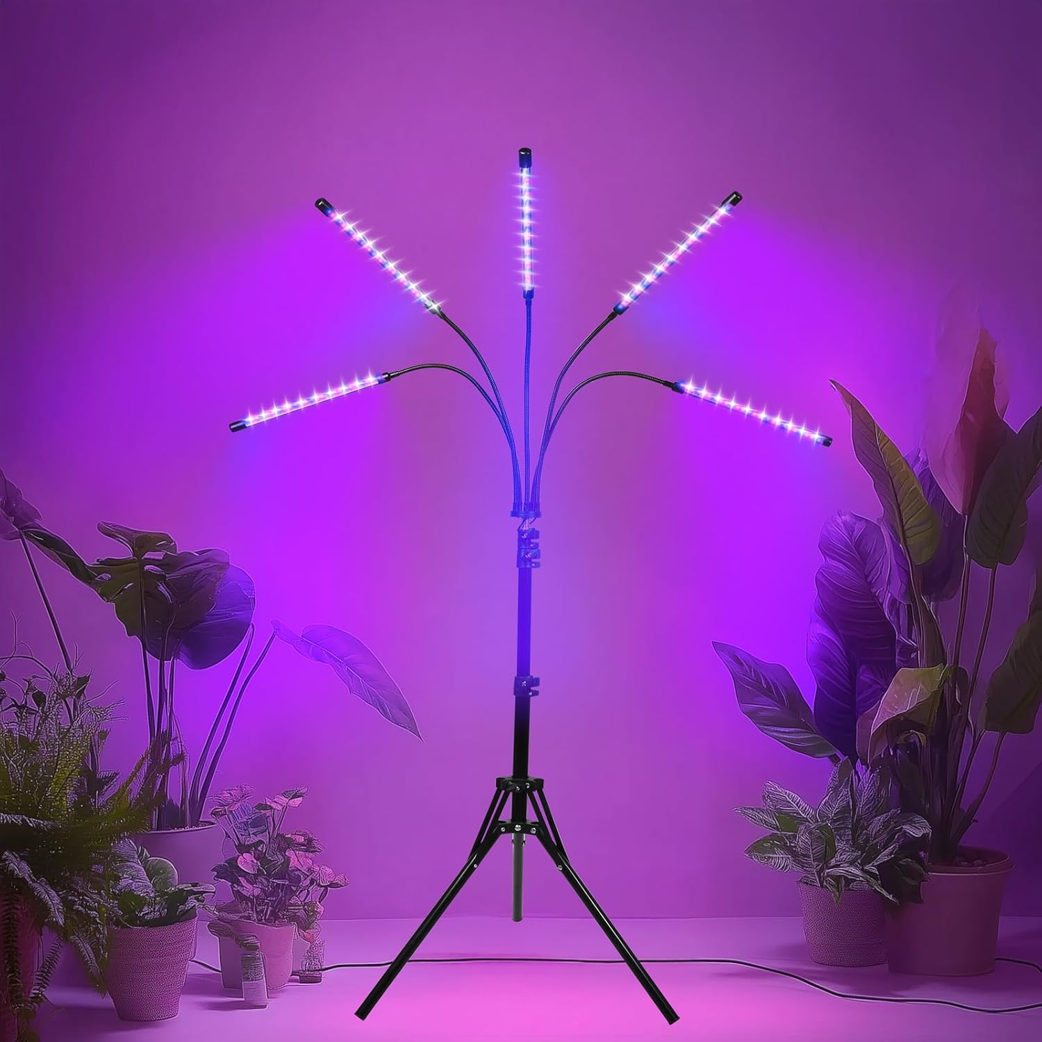 5-Head Floor Plant Lights - 15"-63" Adjustable Stand, Dual-Band Red/Blue LEDs - Remote Control & Auto Timer for Large Indoor Gardens, Vegetables, Flowering Plants (5-Head)